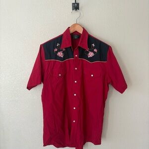 Men's Red Western Shirt with Floral Embroidery